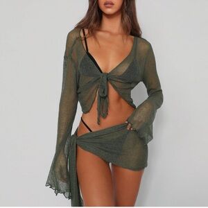 On Island Time Sheer Wrap Skirt +
Front Tie Coverup Set In Olive $75